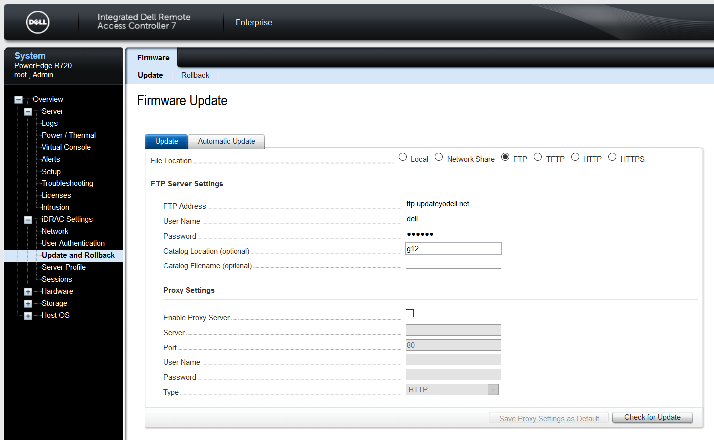 Dell iDRAC Firmware Update Konfiguration