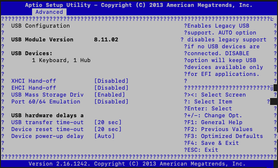 BIOS showing the Advanced USB configuration options